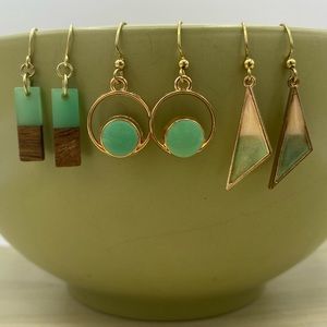 Wood and Resin Gold Tone Green Drop Dangle Earring Set 3 Pairs Gifts